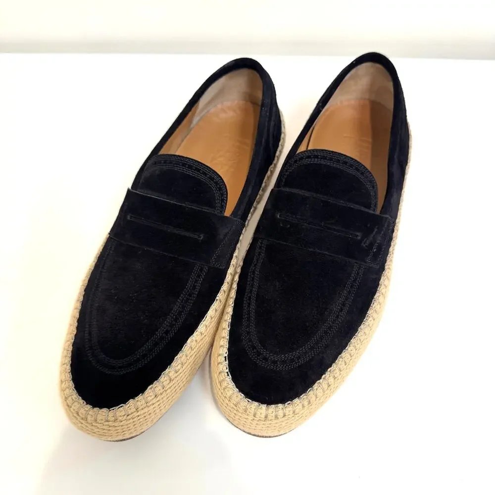 Salvatore Ferragamo Black Suede Espadrille Penny Loafer 10 Woven Leather Shoes